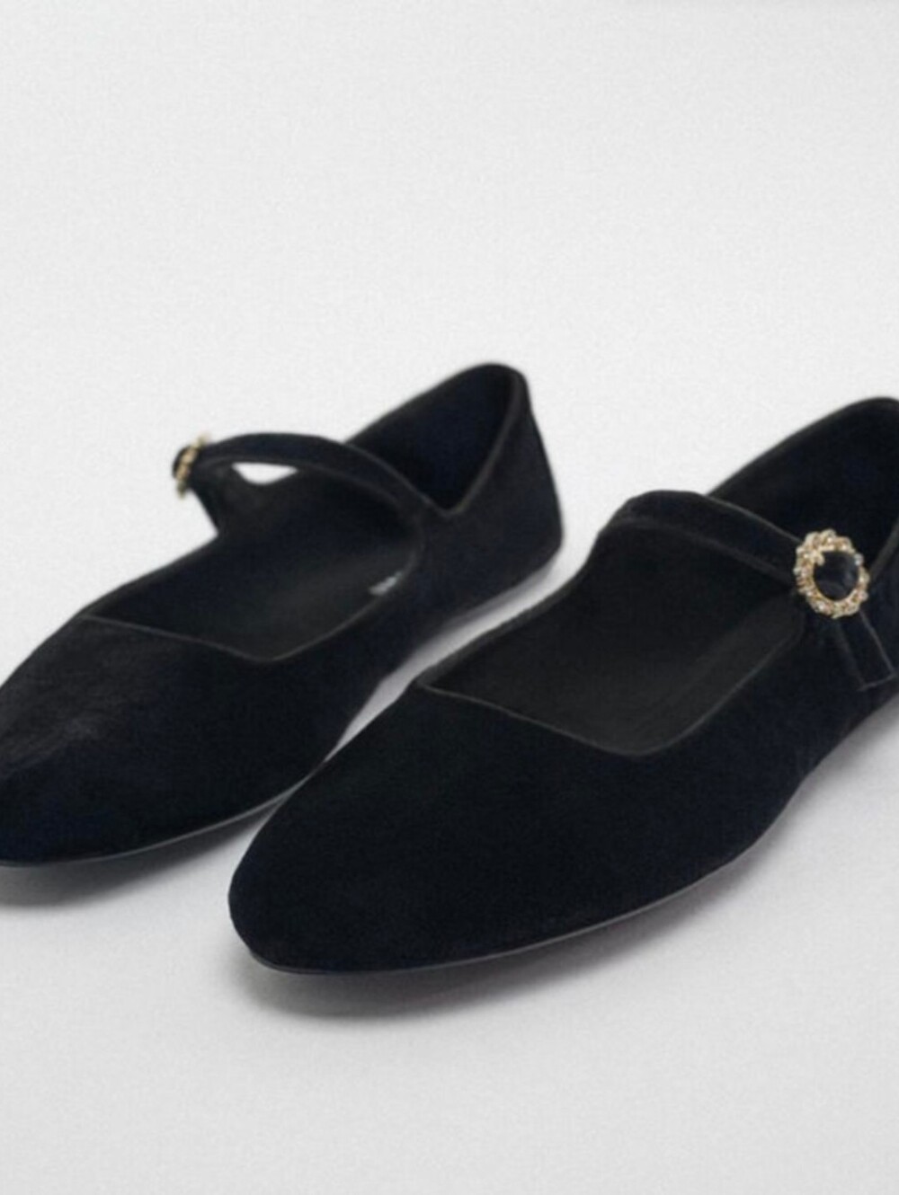 Zara Black Velvet Mary Jane Flats with Decorative Gold-Tone Buckle - Picture 2 of 9
